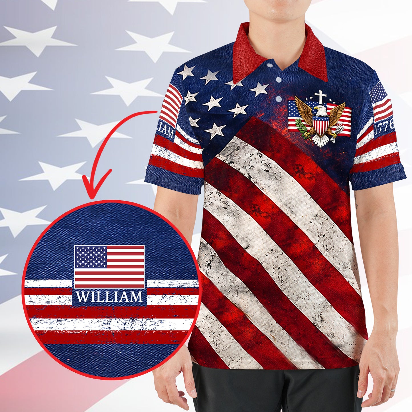 Personalized 250 Years 1776-2026 American Flag AOP Polo Shirt, Patriotic Eagle USA All-Over Print Polo T-Shirt 684815