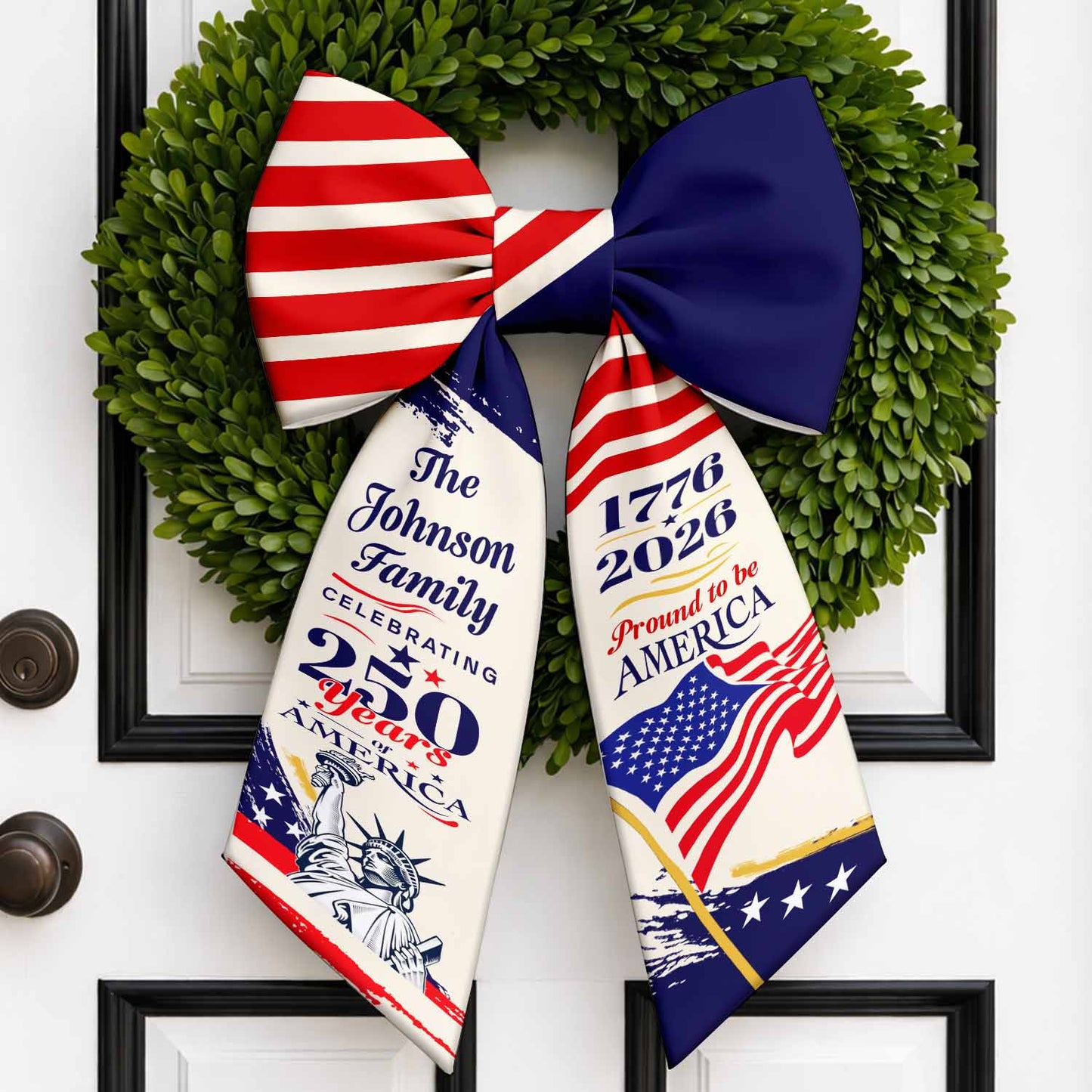 250 Years America Wreath Sash, Personalized Family Name Patriotic Door Bow, 1776-2026 USA Decor 684818