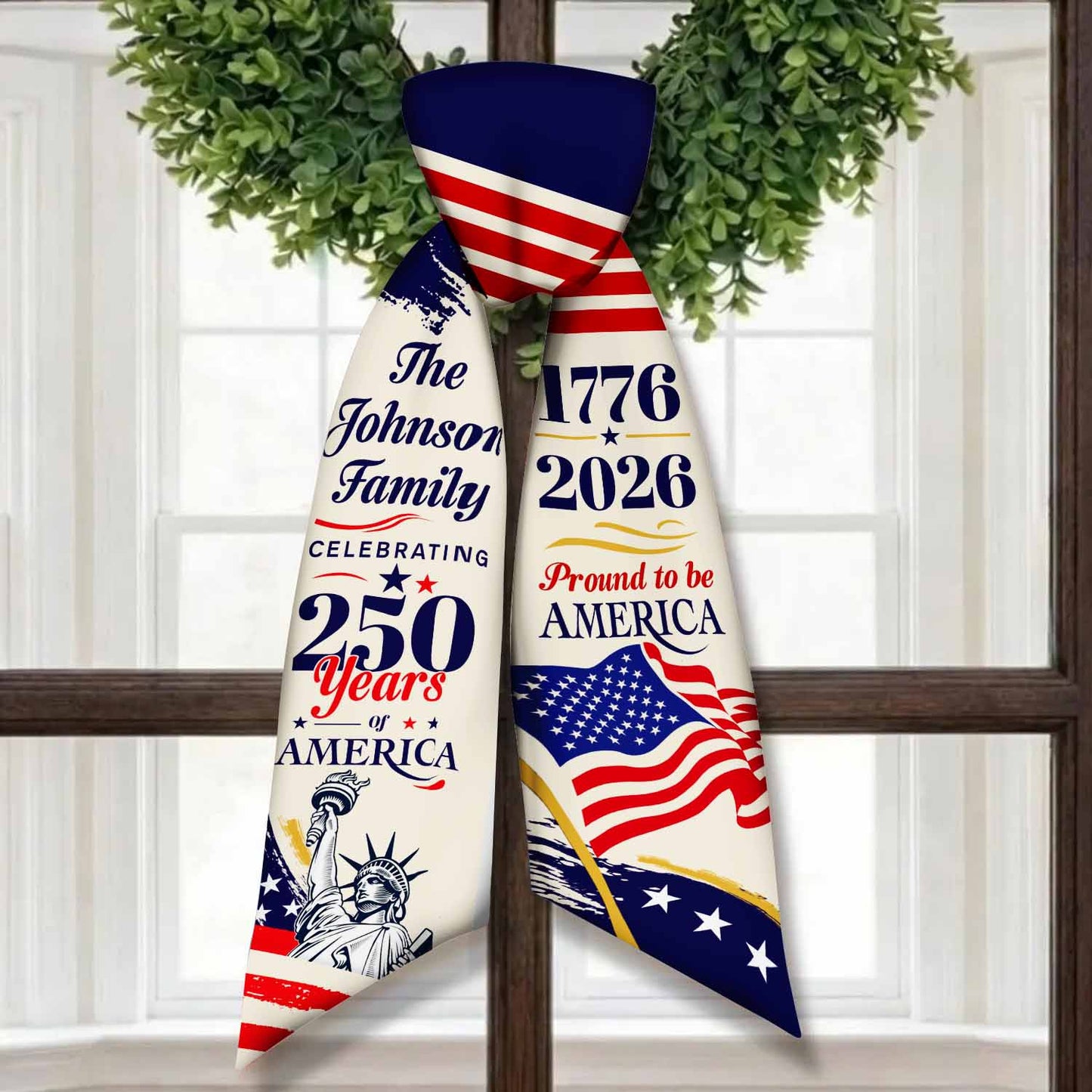250 Years America Wreath Sash, Personalized Family Name Patriotic Door Bow, 1776-2026 USA Decor 684818