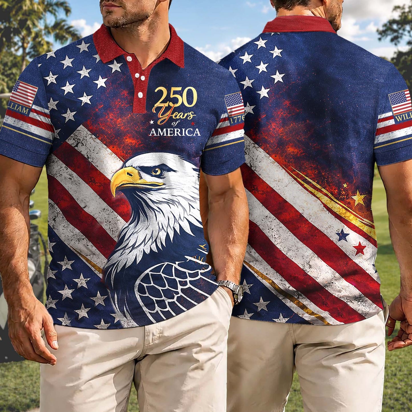 Personalized 250 Years Of America 1776–2026 Polo Shirt, Vintage Patriotic All-Over Print Polo, Independence Day Shirt 684819