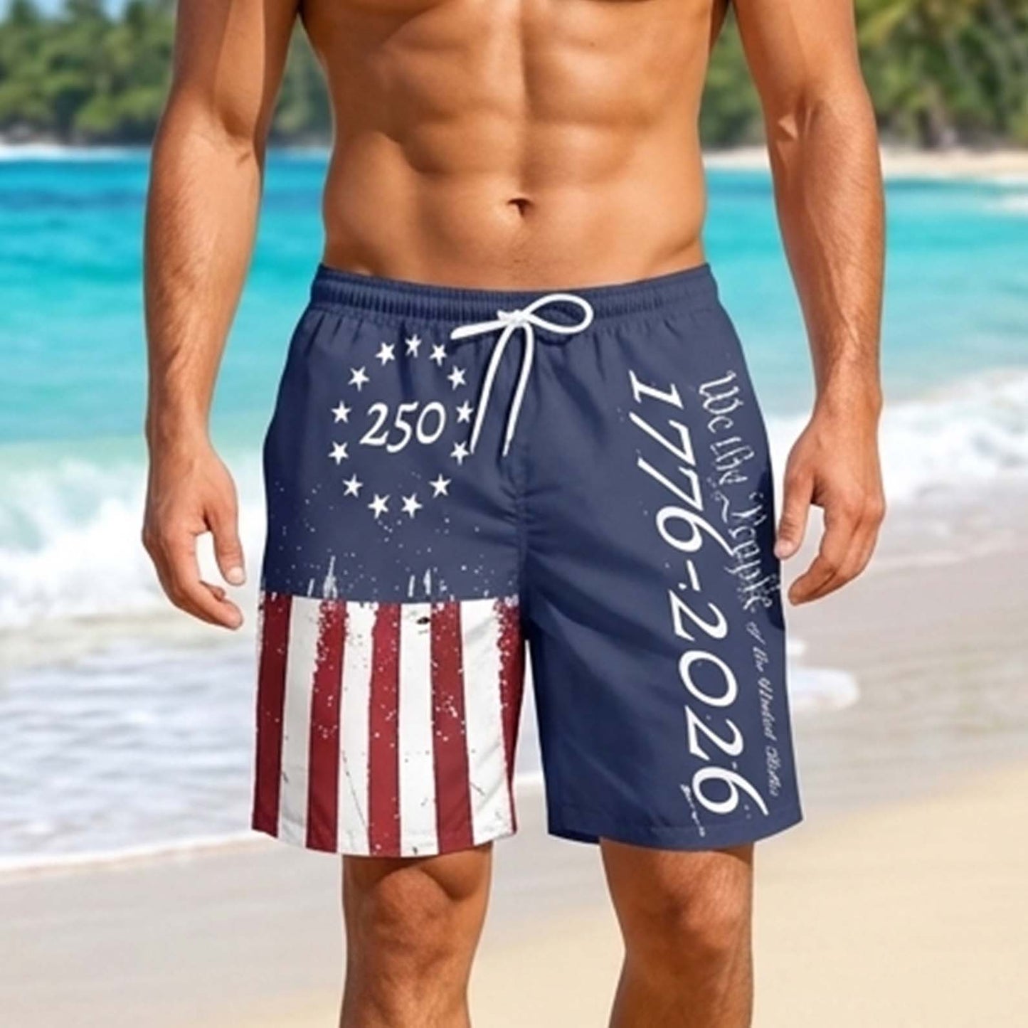 250 Years We The People Beach Shorts 1776–2026 | Patriotic USA Flag AOP Hawaiian Beach Shorts | 4th of July Beach Shorts 684849