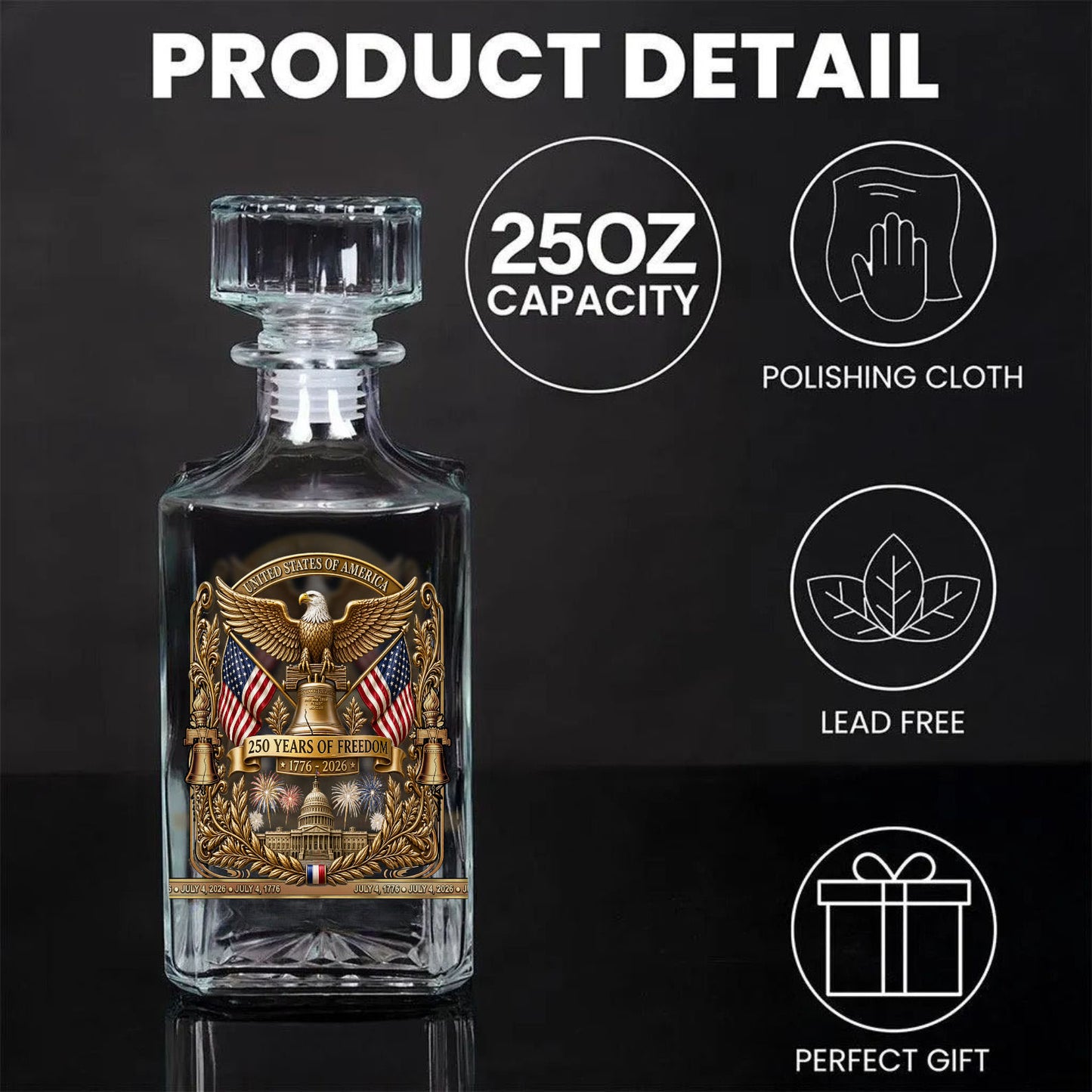 250 Years Of Freedom Whiskey Decanter Set | Patriotic 1776–2026 Whiskey Bottle Whiskey Glass 684853
