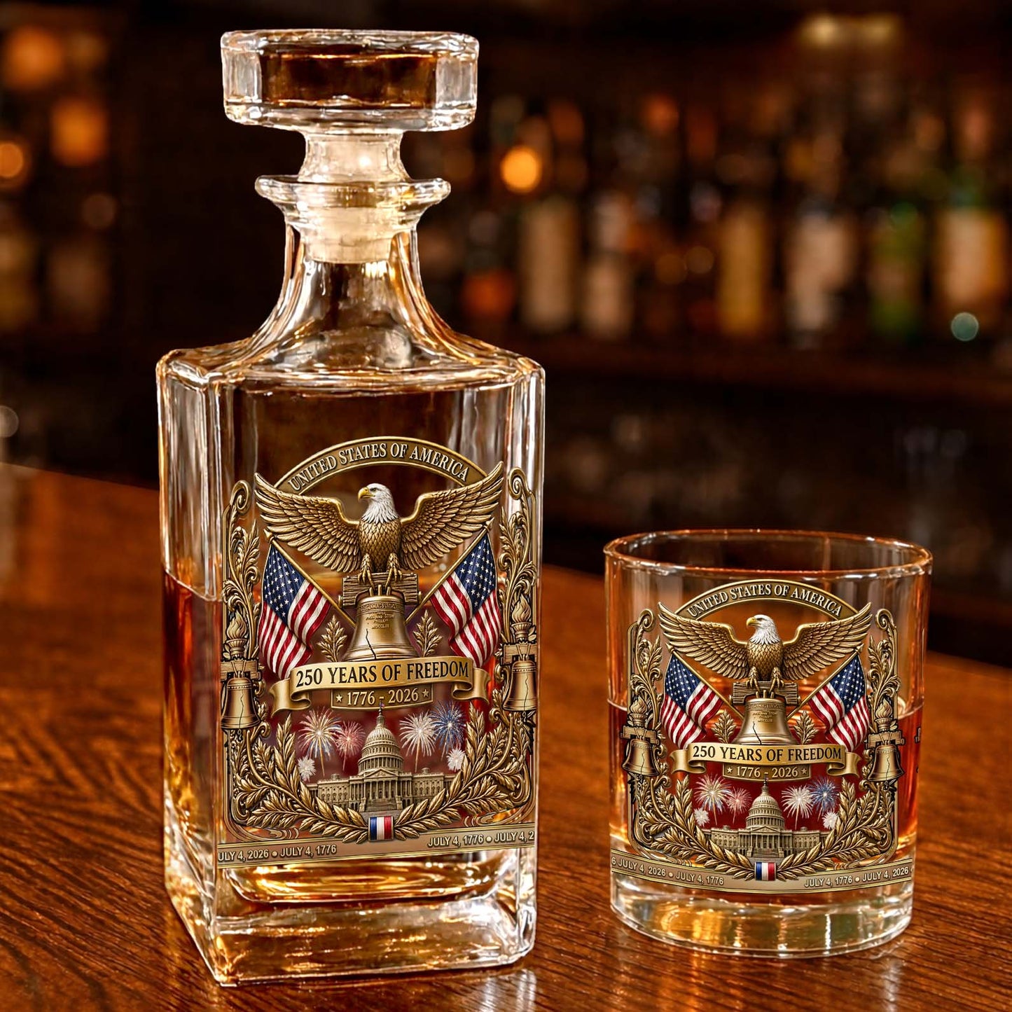 250 Years Of Freedom Whiskey Decanter Set | Patriotic 1776–2026 Whiskey Bottle Whiskey Glass 684853