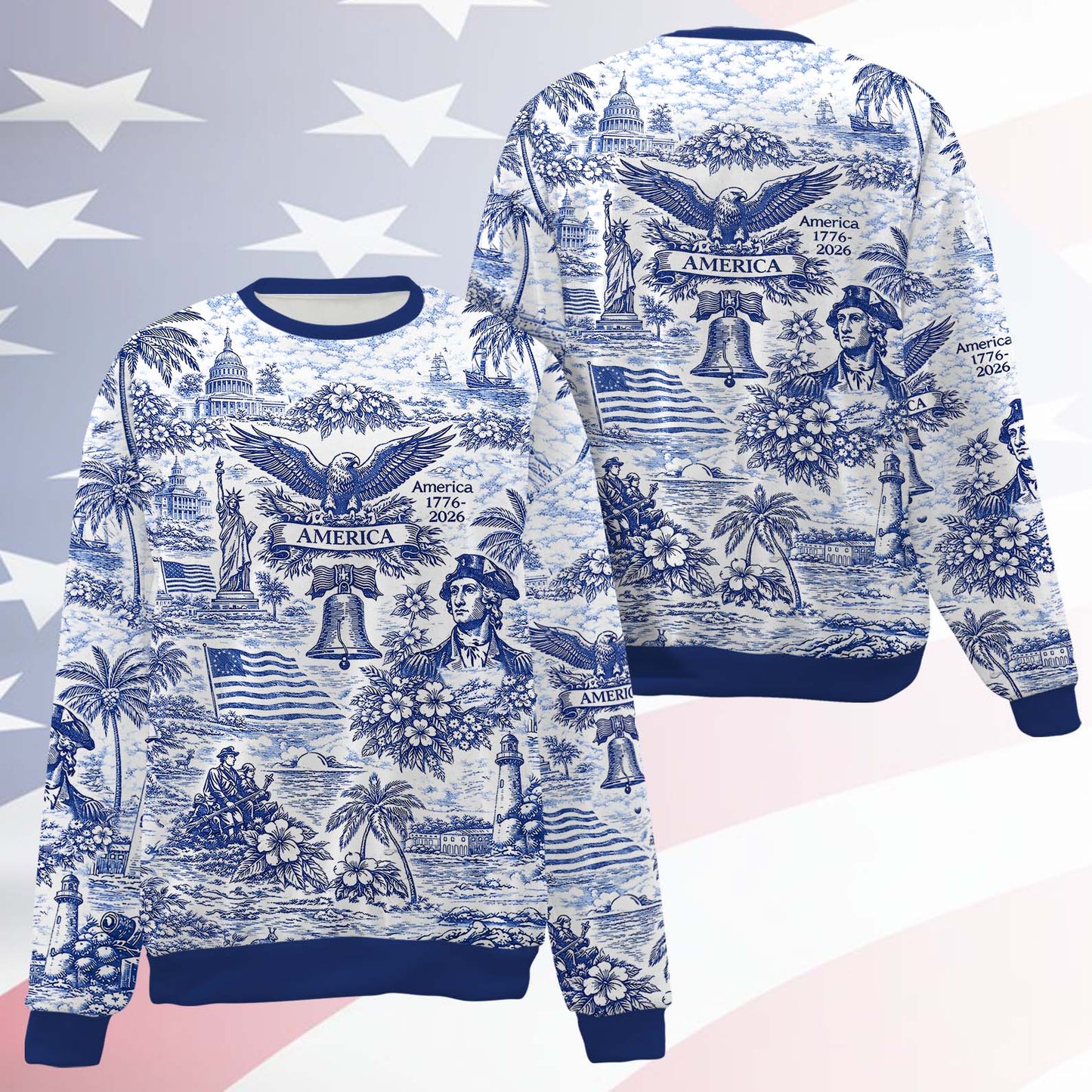 250 Years of America 1776–2026 All-Over Print Sweatshirt, Vintage Patriotic USA Ugly Sweater Gift 684893