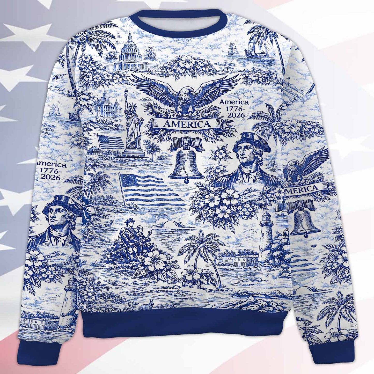 250 Years of America 1776–2026 All-Over Print Sweatshirt, Vintage Patriotic USA Ugly Sweater Gift 684893