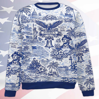 250 Years of America 1776–2026 All-Over Print Sweatshirt, Vintage Patriotic USA Ugly Sweater Gift 684893