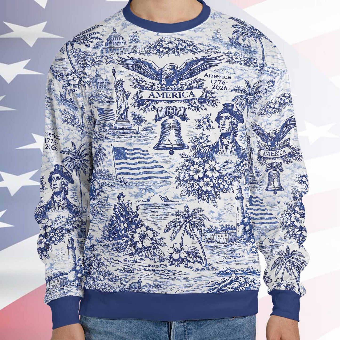 250 Years of America 1776–2026 All-Over Print Sweatshirt, Vintage Patriotic USA Ugly Sweater Gift 684893
