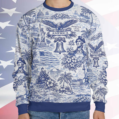 250 Years of America 1776–2026 All-Over Print Sweatshirt, Vintage Patriotic USA Ugly Sweater Gift 684893