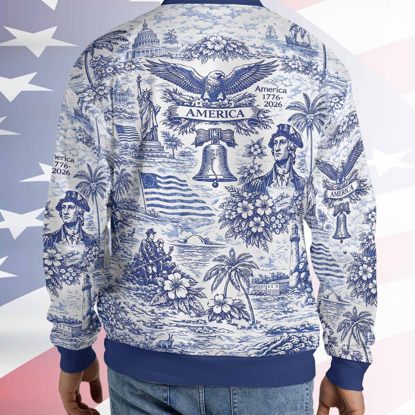 250 Years of America 1776–2026 All-Over Print Sweatshirt, Vintage Patriotic USA Ugly Sweater Gift 684893