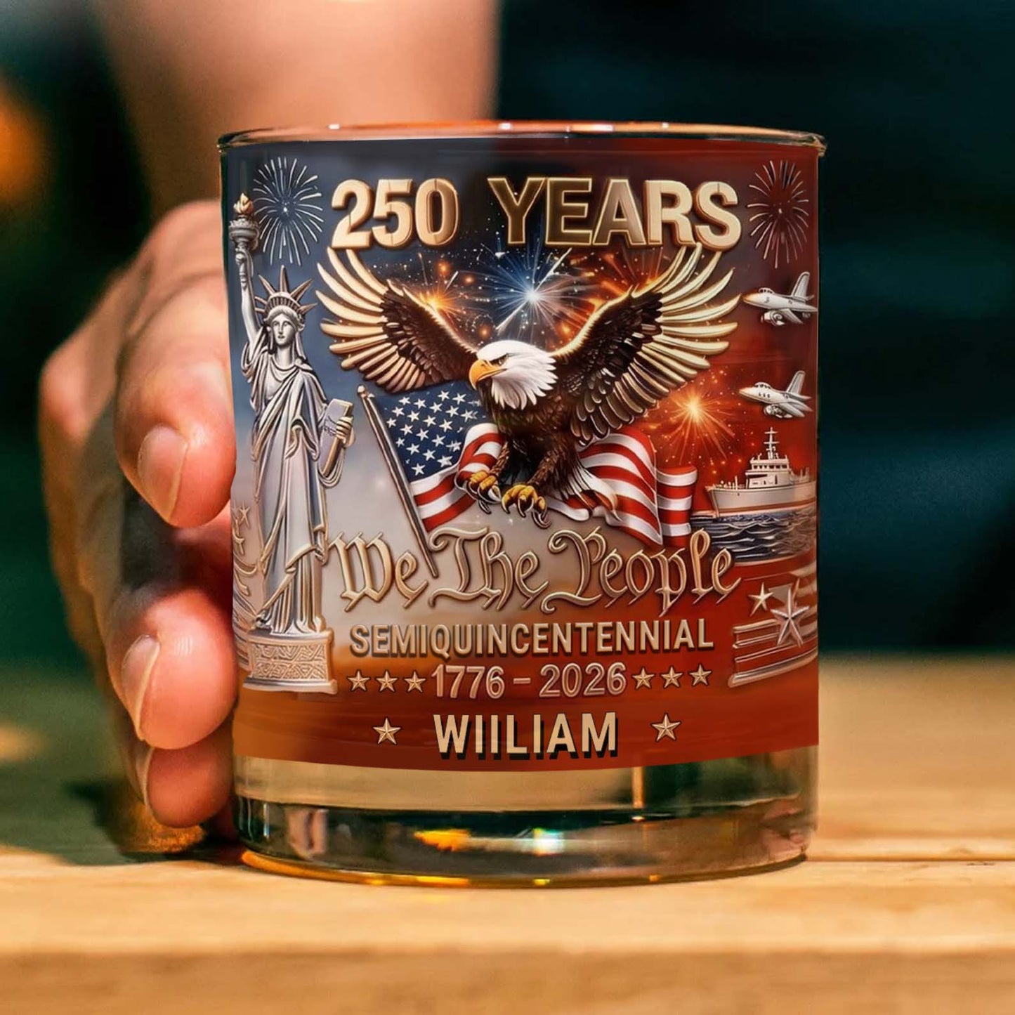 Personalized USA 250 Years Anniversary Whiskey Glass, Custom Name Patriotic We The People Glass 684948
