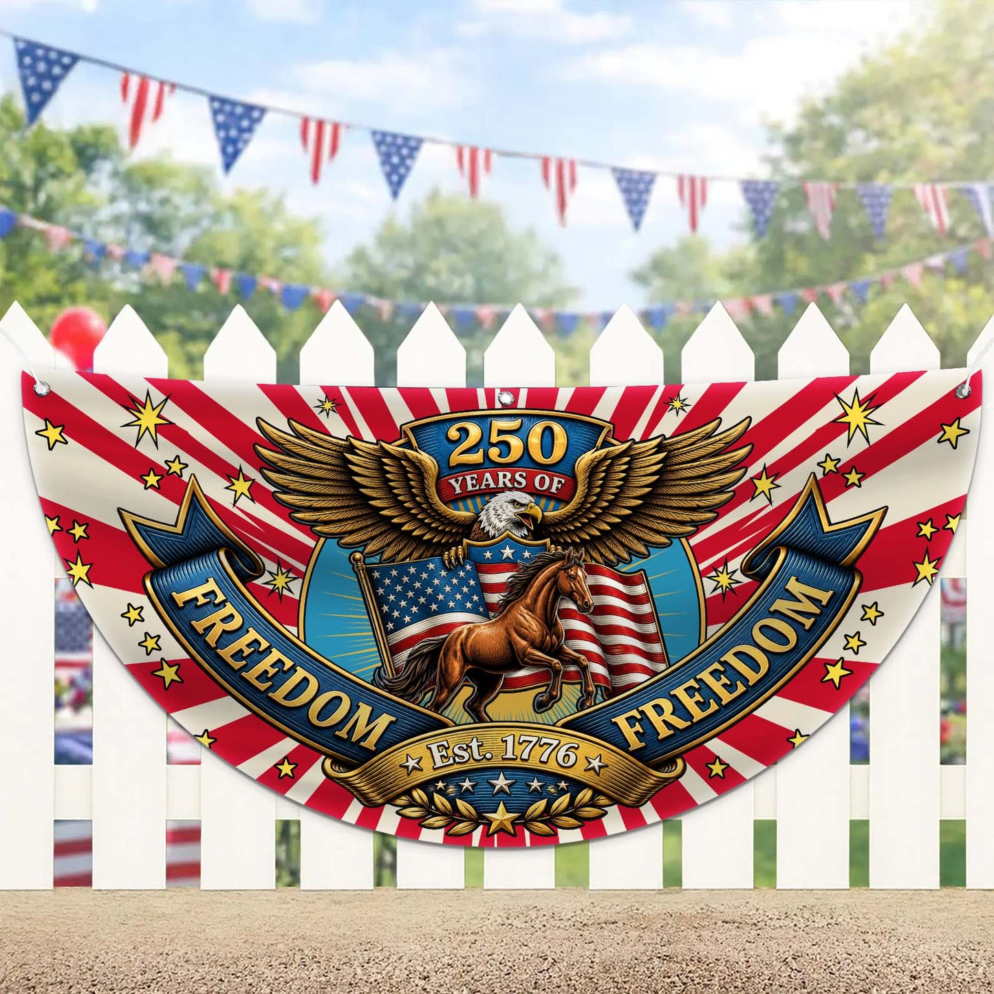 Personalized 250 Years Of Freedom Semicircle Fence Flag, Patriotic USA 1776–2026 Semiquincentennial Flag 684968