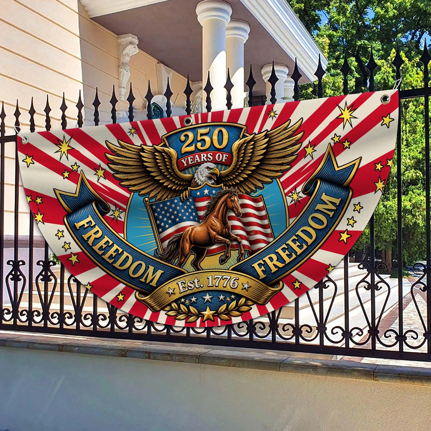 Personalized 250 Years Of Freedom Semicircle Fence Flag, Patriotic USA 1776–2026 Semiquincentennial Flag 684968