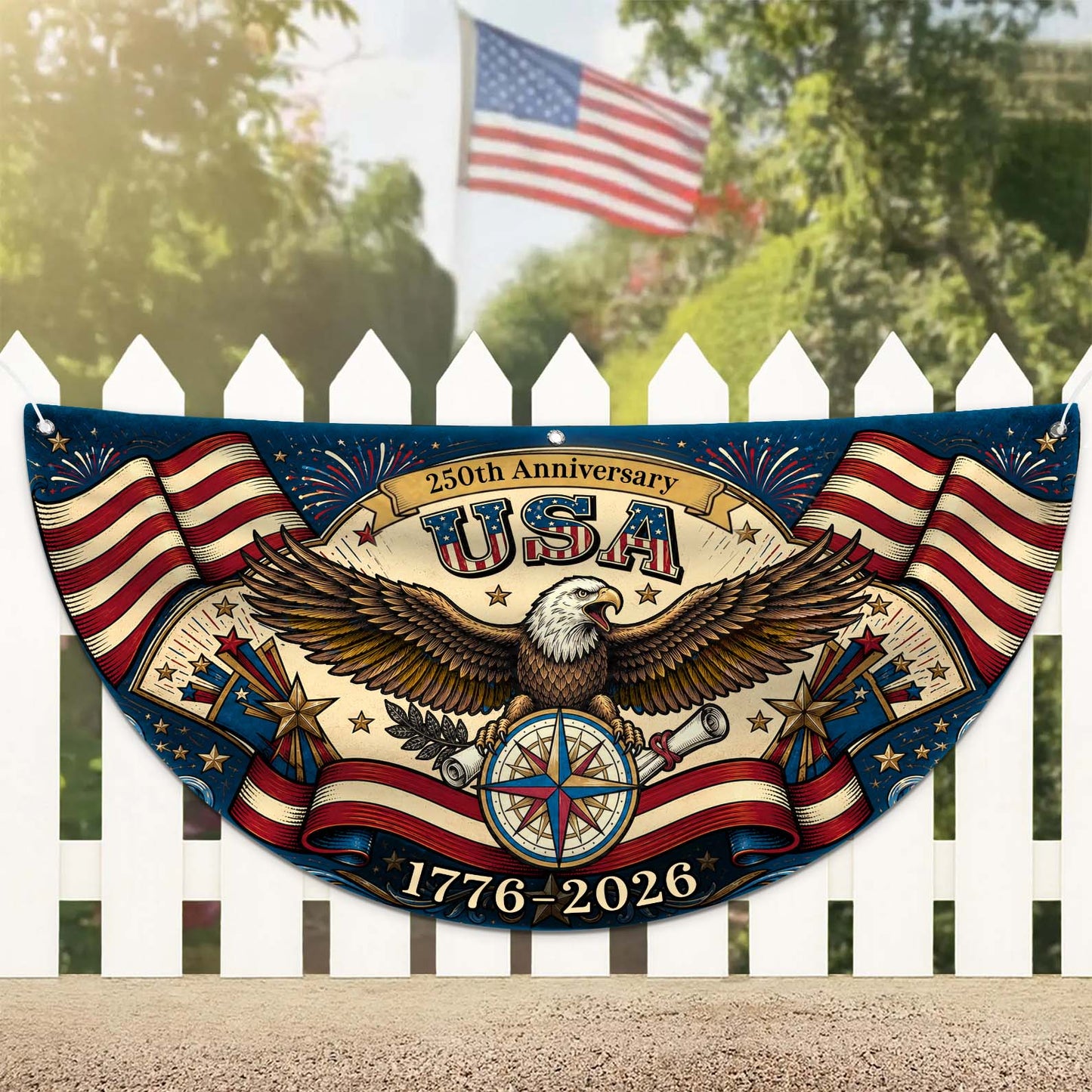 Personalized USA 250th Anniversary Semicircle Fence Flag, Patriotic USA 1776–2026 Semiquincentennial Flag 684969