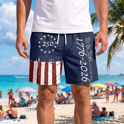 250 Years We The People Beach Shorts 1776–2026 | Patriotic USA Flag AOP Hawaiian Beach Shorts | 4th of July Beach Shorts 684849