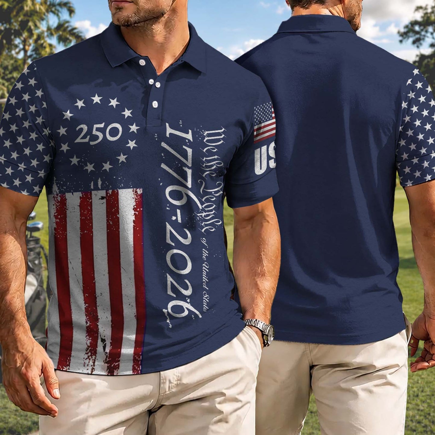 250 Years We The People Polo Shirt, Patriotic USA Flag 1776–2026 Golf AOP Polo Shirt, 4th Of July Polo 685066