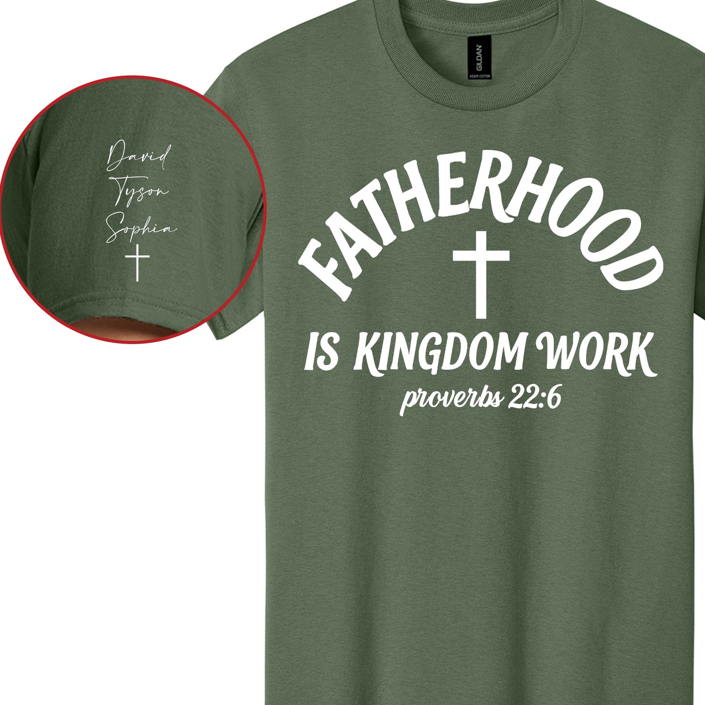 Personalized Fatherhood Is Kingdom Work Front & Right Sleeve Shirt, Custom Christian Dad Tee, Father's Day Gift 685068