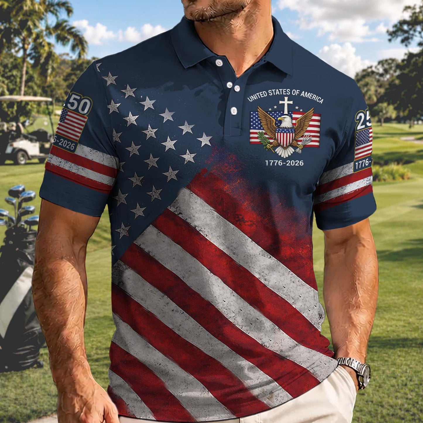 USA 250th Anniversary Patriotic Golf Polo Shirt, USA Flag Semiquincentennial AOP Polo Shirt 685114