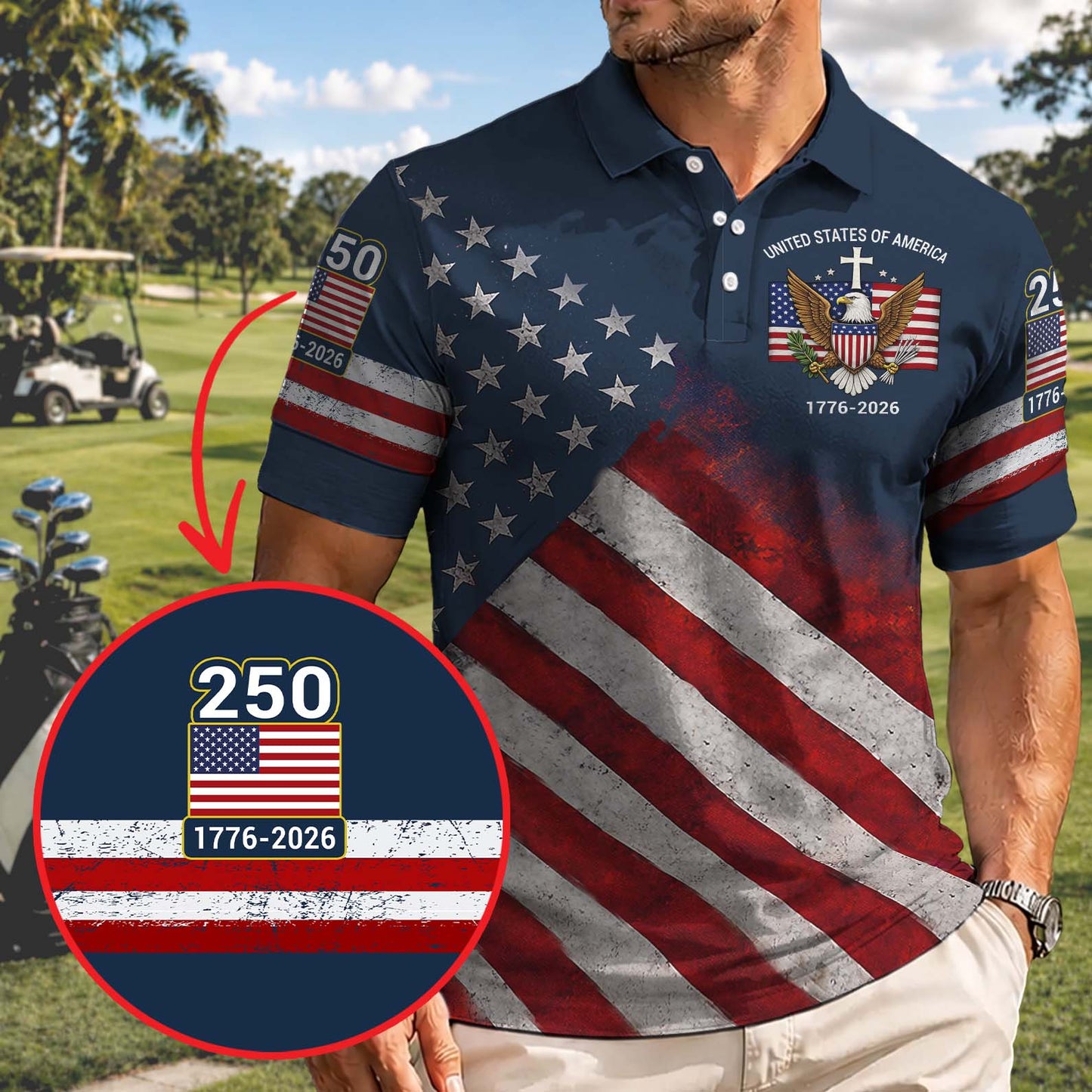 USA 250th Anniversary Patriotic Golf Polo Shirt, USA Flag Semiquincentennial AOP Polo Shirt 685114
