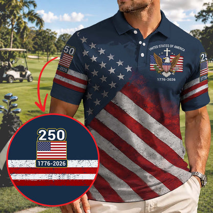 USA 250th Anniversary Patriotic Golf Polo Shirt, USA Flag Semiquincentennial AOP Polo Shirt 685114
