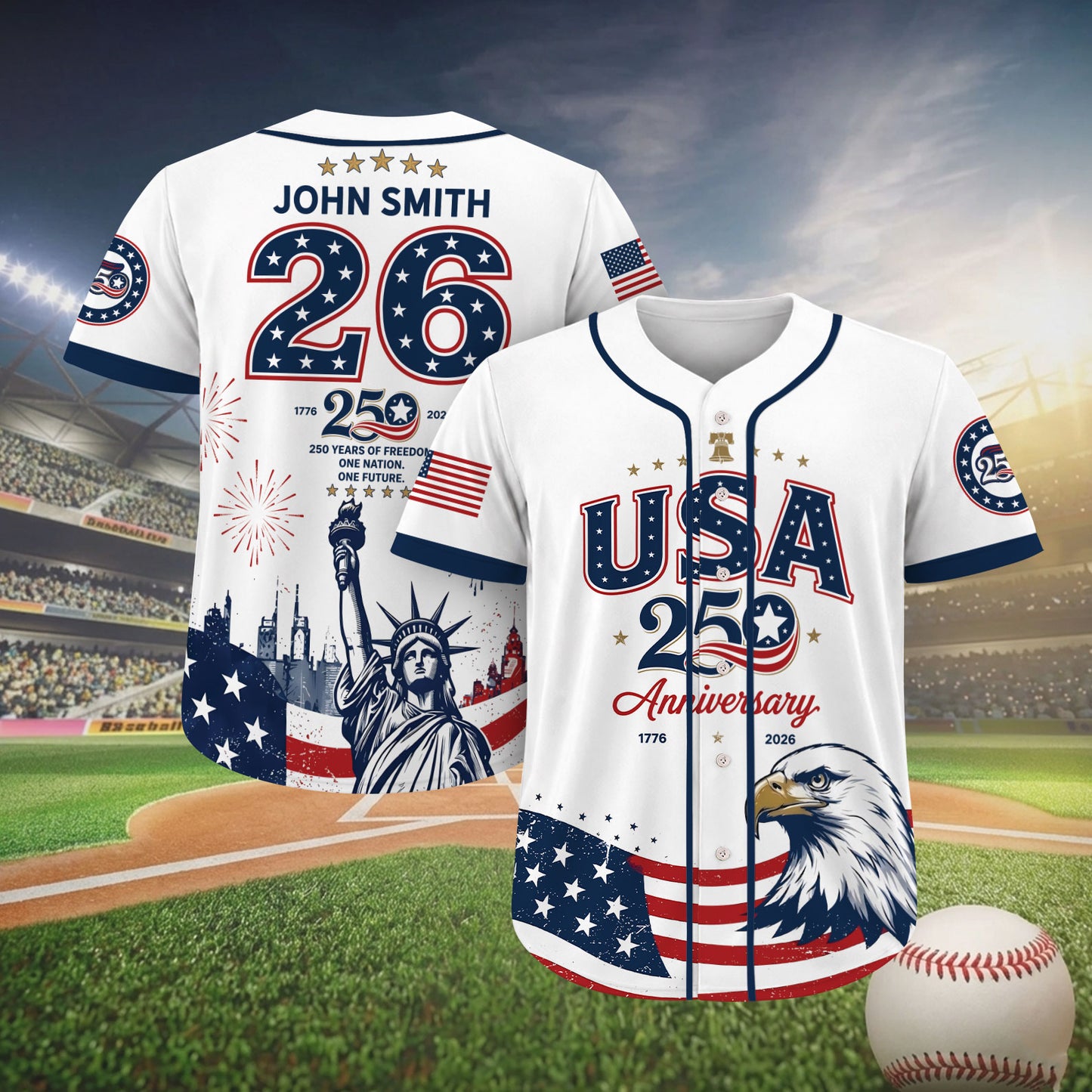 Personalized USA 250 Years Baseball Jersey Shirt, Custom America 1776-2026 Patriotic 4th of July Shirt 685167