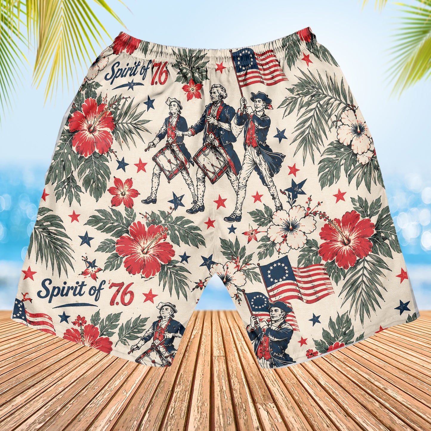250 Years of America Beach Shorts, Spirit of 76 Patriotic 4th of July 1776-2026 AOP Hawaiian Beach Shorts 685190