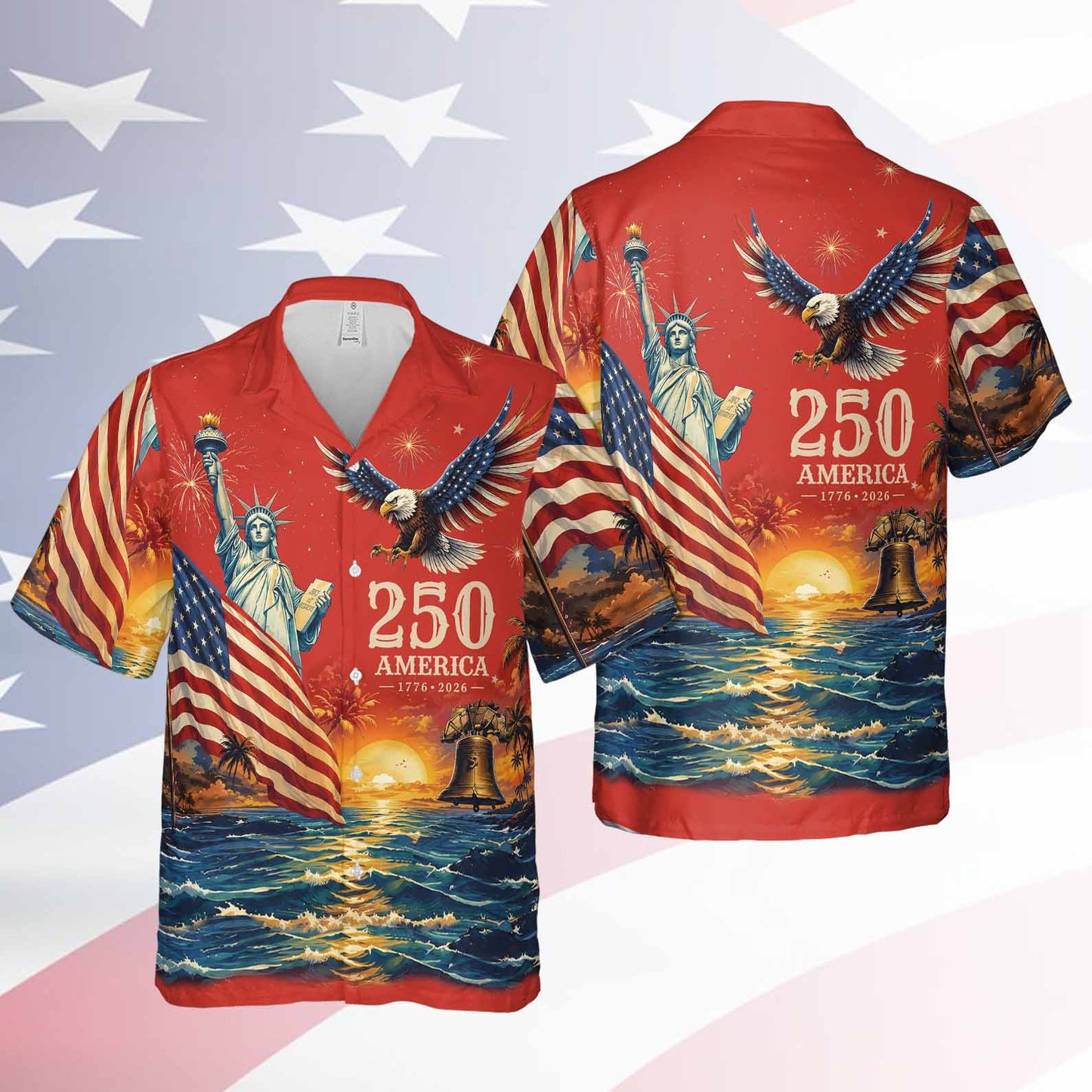 Vintage 250 Years of America Hawaiian Shirt, Patriotic Eagle Liberty 1776-2026 AOP Hawaii Shirt 685177