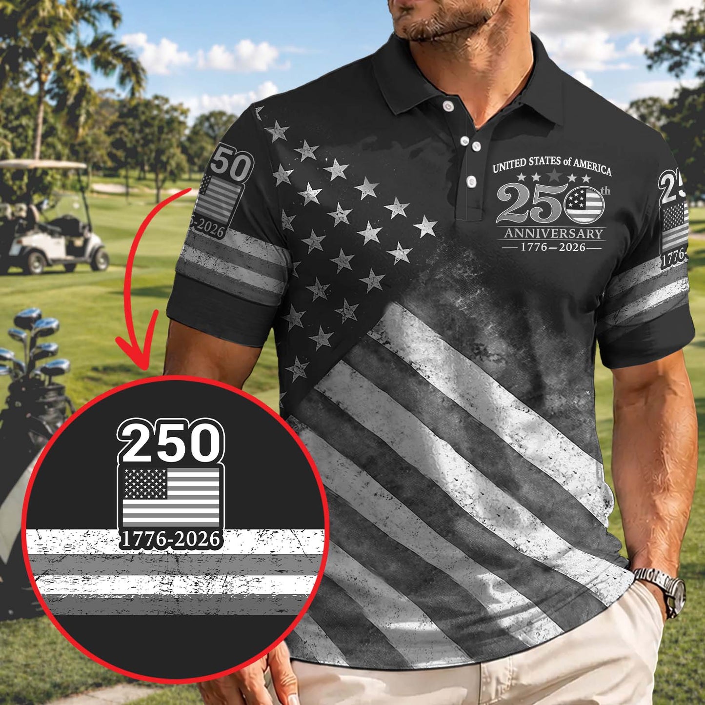 USA 250th Anniversary Patriotic Golf Polo Shirt, America 250 Years Of Freedom AOP Polo Shirt 685184