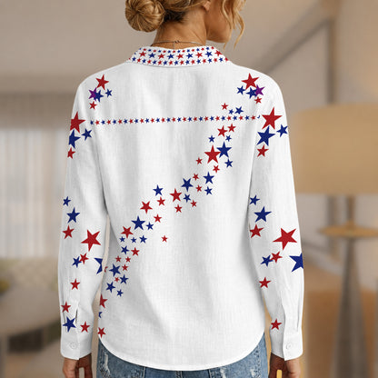 250 Years Patriotic Star Print Women's Blouse Shirt, USA Flag 4th of July Shirt, Red White Blue Summer Shirt 685246