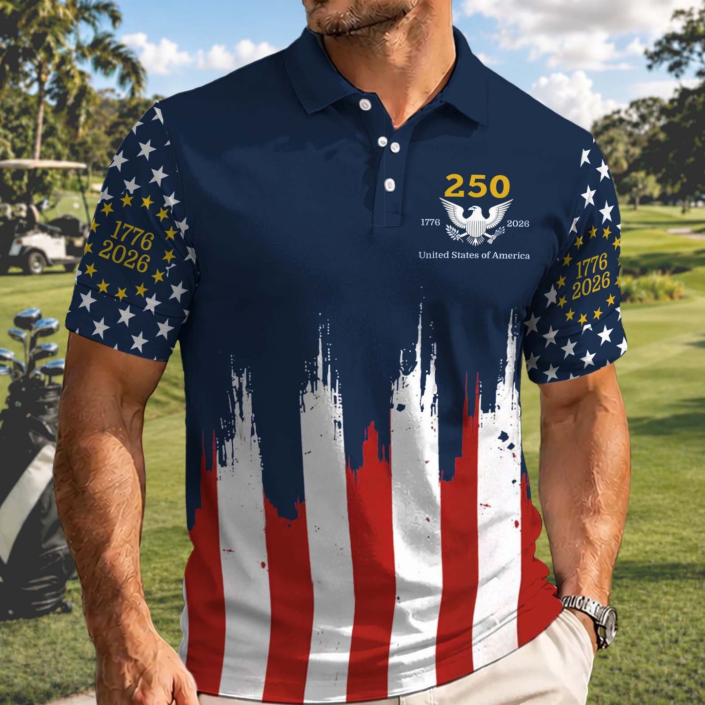 250 Years 1776–2026 USA Polo Shirt, Patriotic Eagle Golf Polo, American Flag 4th of July AOP Polo Shirt 685262