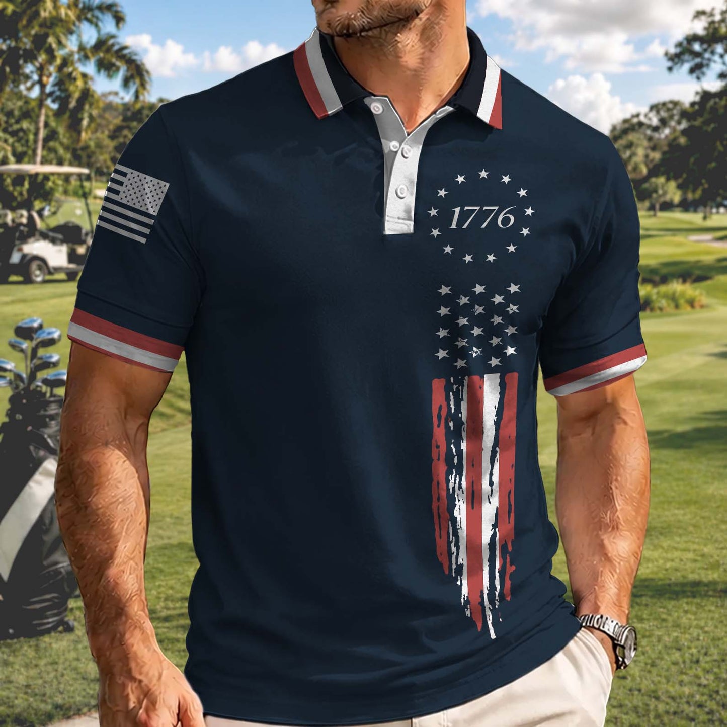250 Years USA Anniversary Polo Shirt, Patriotic 1776 Betsy Ross Flag Golf Polo, 4th Of July AOP Polo Shirt 685331