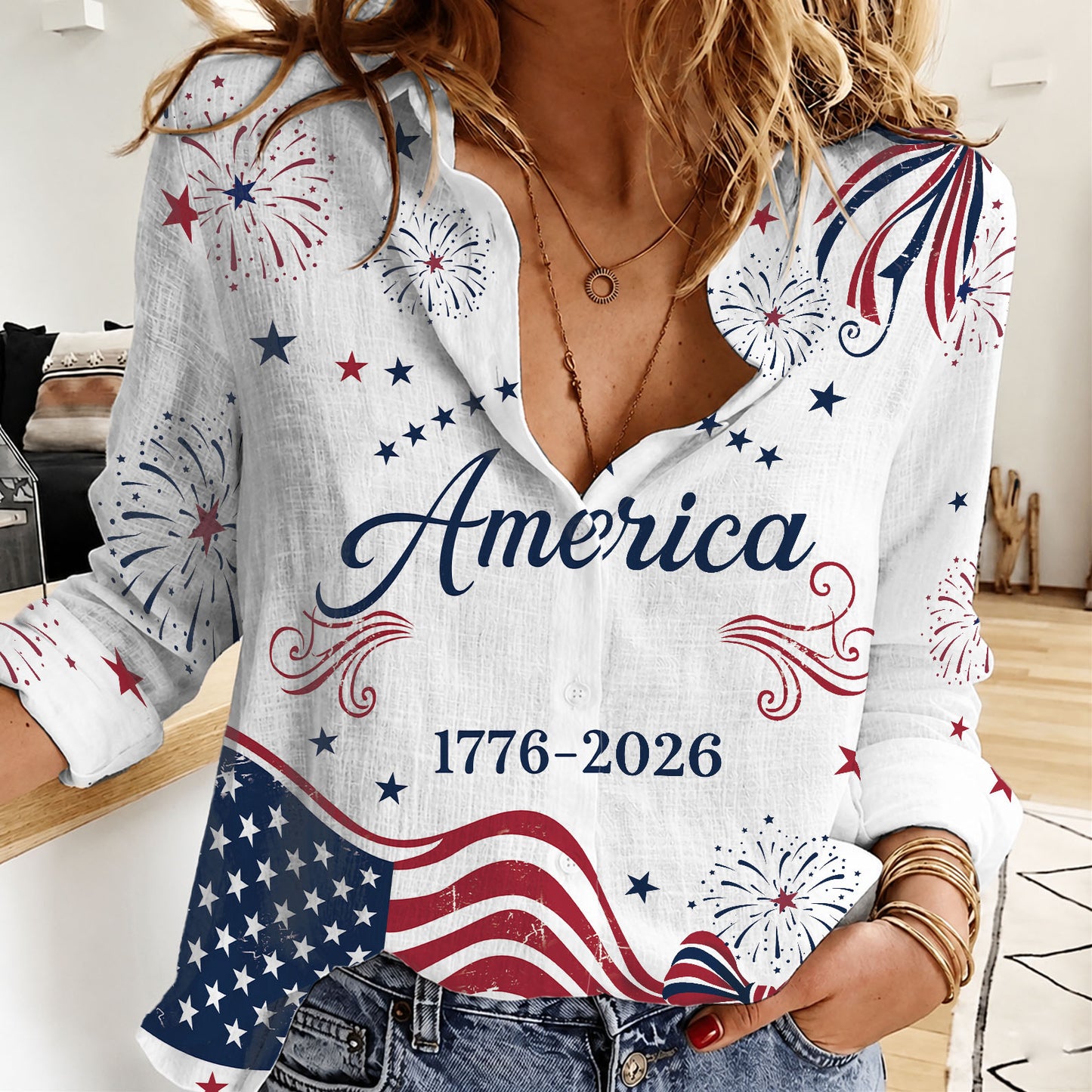 250 Years USA Anniversary Blouse Shirt, Retro American Flag Women Top Shirt, Patriotic Independence Day Gift 685349