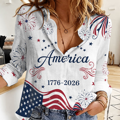 250 Years USA Anniversary Blouse Shirt, Retro American Flag Women Top Shirt, Patriotic Independence Day Gift 685349