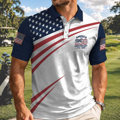 250 Years Anniversary AOP Polo Shirt, USA Flag 1776-2026 Patriotic Golf Polo, Independence Day Shirt 685357