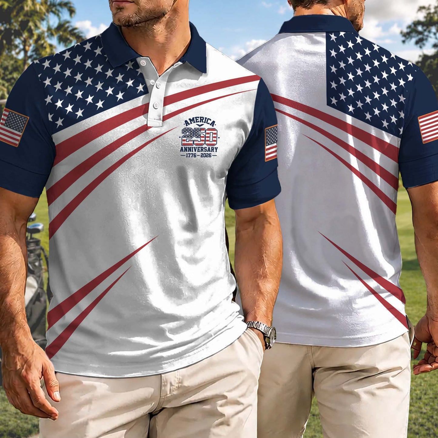 250 Years Anniversary AOP Polo Shirt, USA Flag 1776-2026 Patriotic Golf Polo, Independence Day Shirt 685357