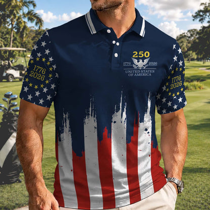 USA 250 Years Anniversary Golf Polo Shirt, Patriotic American Flag 1776-2026 Independence Day AOP Polo 685423