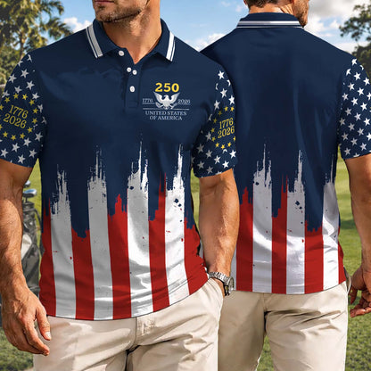 USA 250 Years Anniversary Golf Polo Shirt, Patriotic American Flag 1776-2026 Independence Day AOP Polo 685423