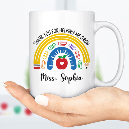 Personalized Thank You for Helping Me Grow Mug, Custom Teacher Appreciation Gift, Back to School White Mug Accent Mug 685498