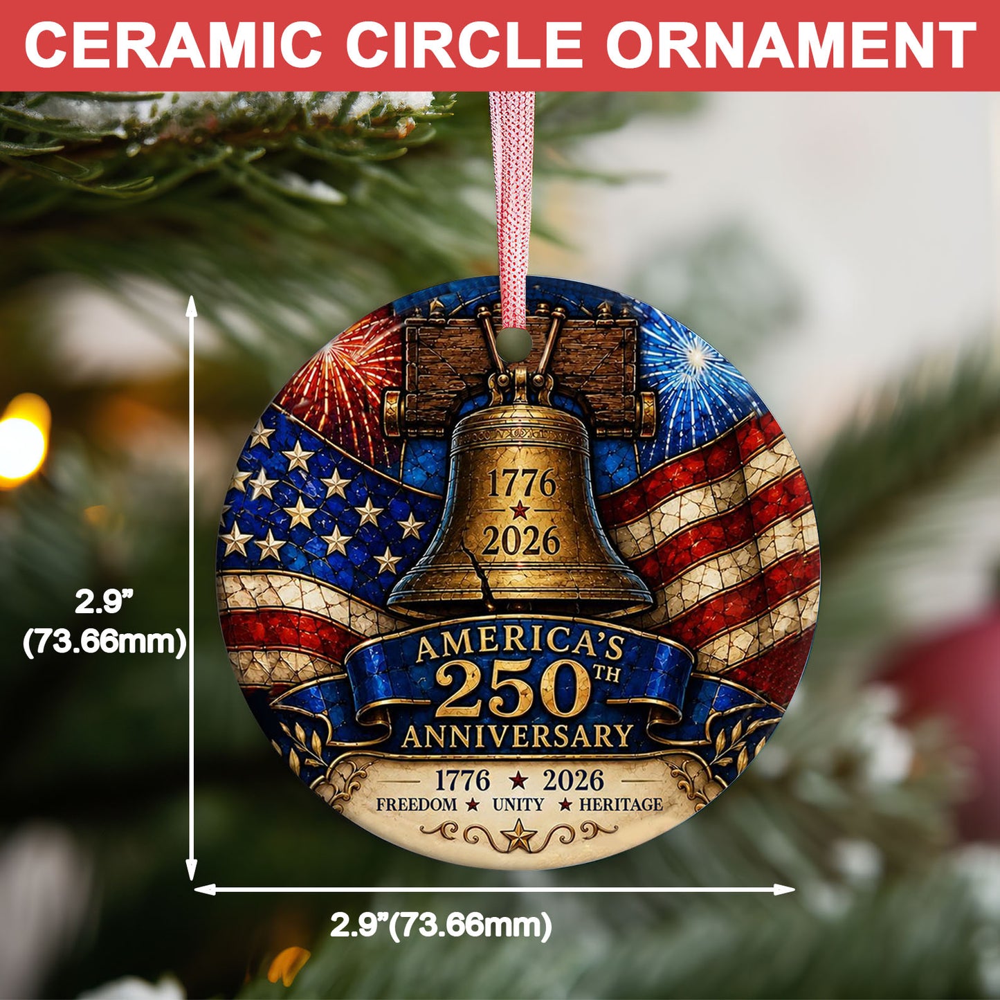 America 250th Anniversary Ceramic Ornament | 1776-2026 Liberty Bell Christmas Ornament | USA Heritage Gift 685754