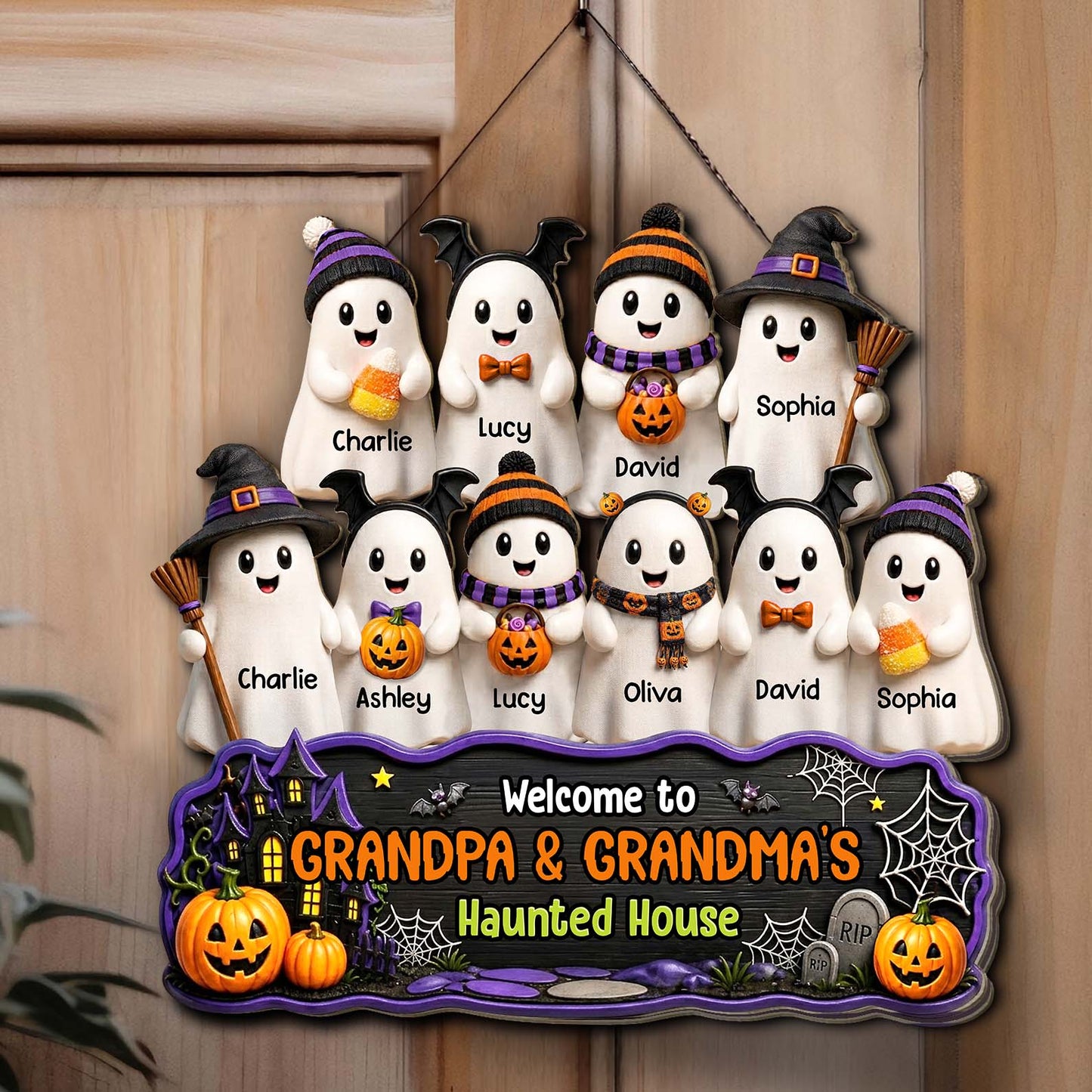 Personalized Halloween Grandma Grandpa Haunted House Wood Sign, Custom Ghost Family Welcome Door Decor 685786 WFD