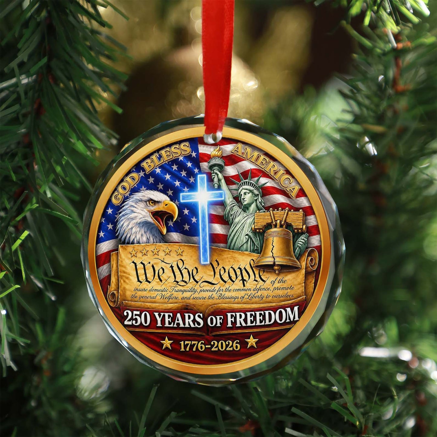 250 Years of Freedom Glass Ornament, Patriotic USA Liberty Bell Christmas Keepsake Gift 685790
