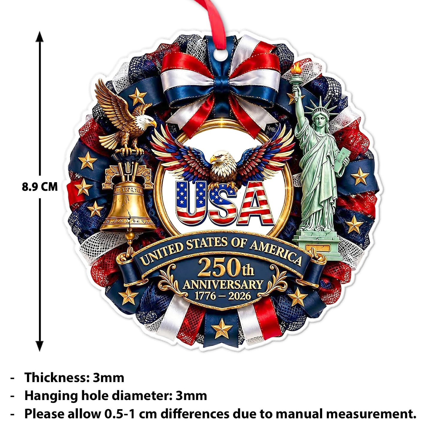 250 Years Anniversary USA Acrylic Ornament, Patriotic Christmas Ornament, Liberty Bell & Eagle Holiday Decor 685819