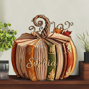 Personalized Fall Book Pumpkin Wooden Block, Custom Name Bookish Pumpkin Decor, Book Lover Librarian Gift 685850