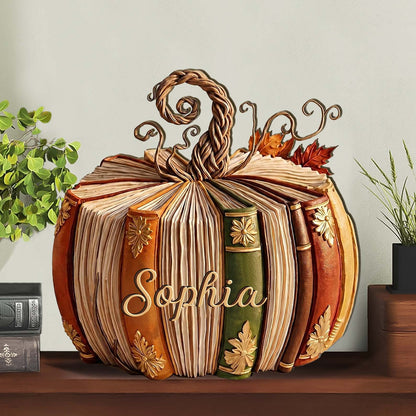 Personalized Fall Book Pumpkin Wooden Block, Custom Name Bookish Pumpkin Decor, Book Lover Librarian Gift 685850