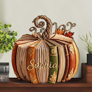 Personalized Fall Book Pumpkin Wooden Block, Custom Name Bookish Pumpkin Decor, Book Lover Librarian Gift 685850
