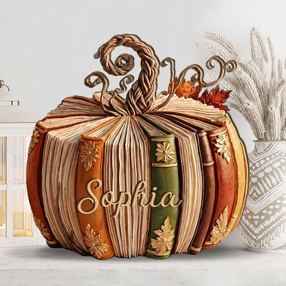 Personalized Fall Book Pumpkin Wooden Block, Custom Name Bookish Pumpkin Decor, Book Lover Librarian Gift 685850