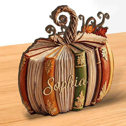 Personalized Fall Book Pumpkin Wooden Block, Custom Name Bookish Pumpkin Decor, Book Lover Librarian Gift 685850