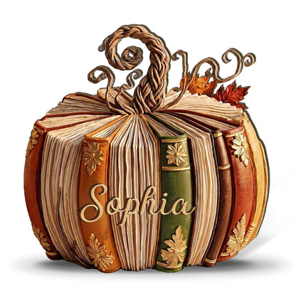 Personalized Fall Book Pumpkin Wooden Block, Custom Name Bookish Pumpkin Decor, Book Lover Librarian Gift 685850