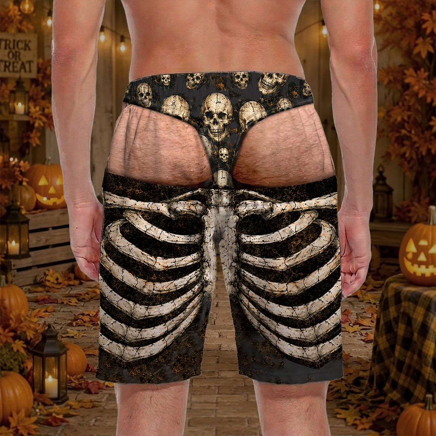Peekaboo Skeleton Hawaiian Beach Shorts, Funny Halloween Skull Beach Shorts, Spooky Gift for Men 685944