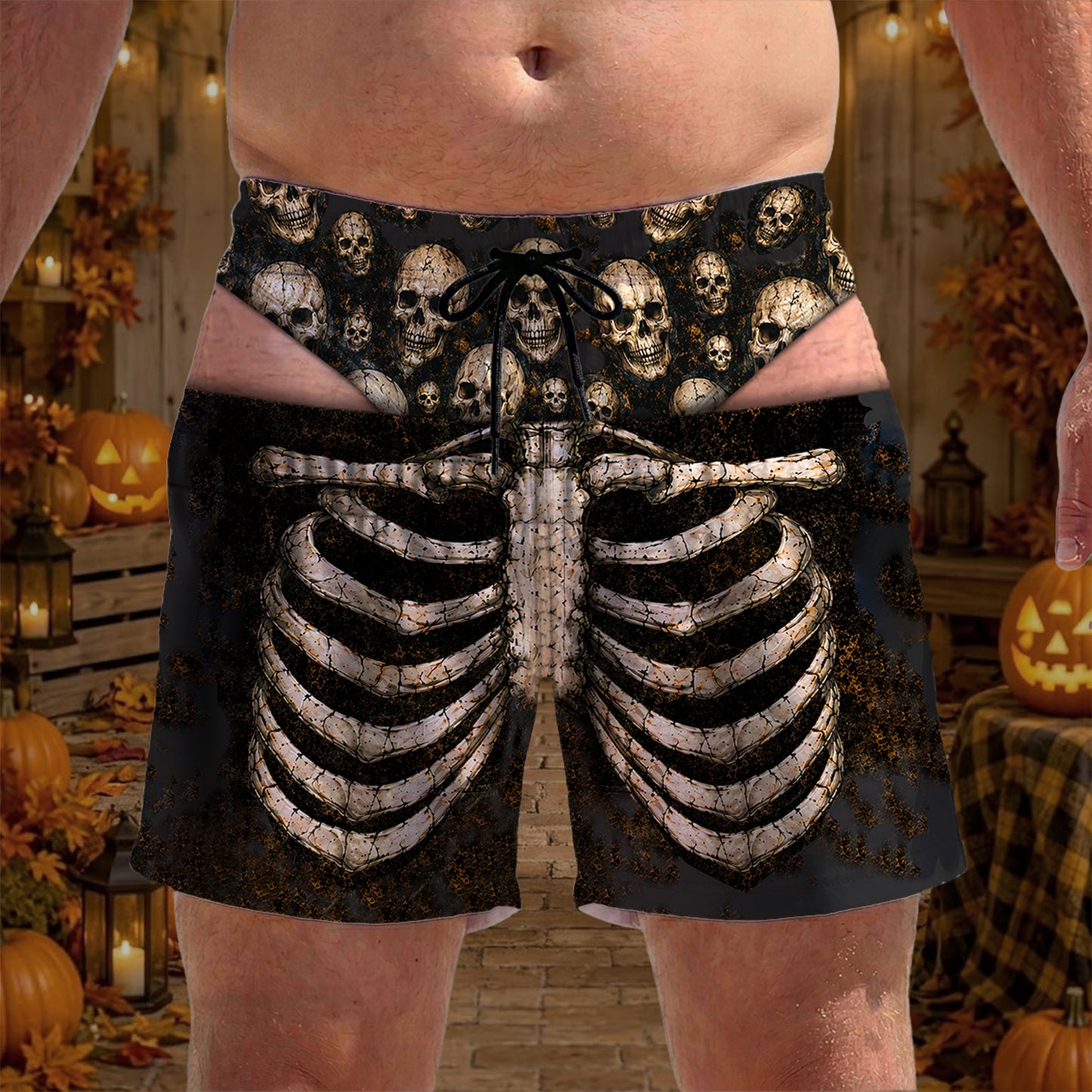 Peekaboo Skeleton Hawaiian Beach Shorts, Funny Halloween Skull Beach Shorts, Spooky Gift for Men 685944