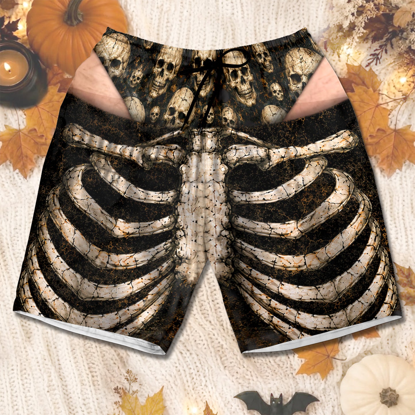 Peekaboo Skeleton Hawaiian Beach Shorts, Funny Halloween Skull Beach Shorts, Spooky Gift for Men 685944